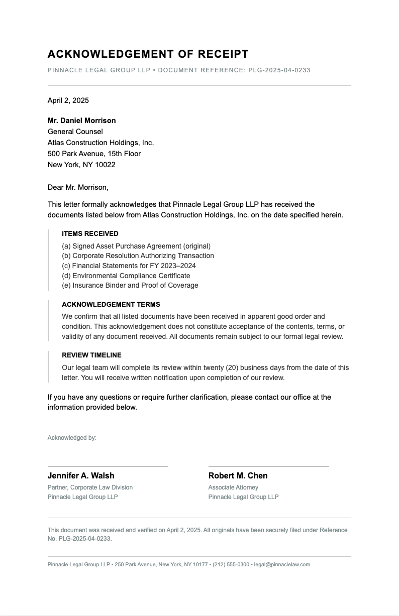 Legal formal acknowledgement letter